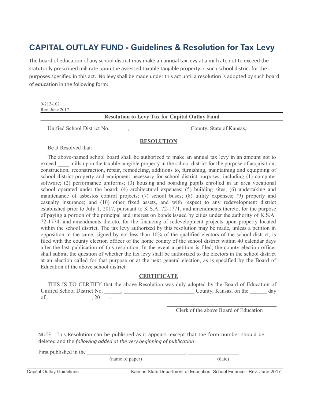 Capital Outlay Fund- Guidelines & Resolution for Tax Levy