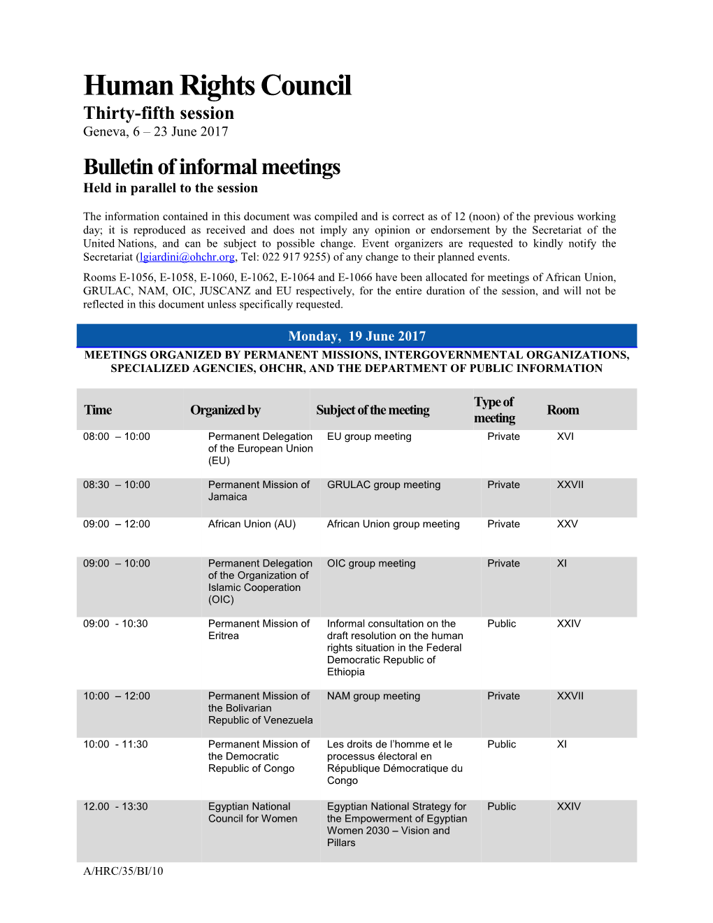 Bulletin of Informal Meetings, Monday 19 June 2017