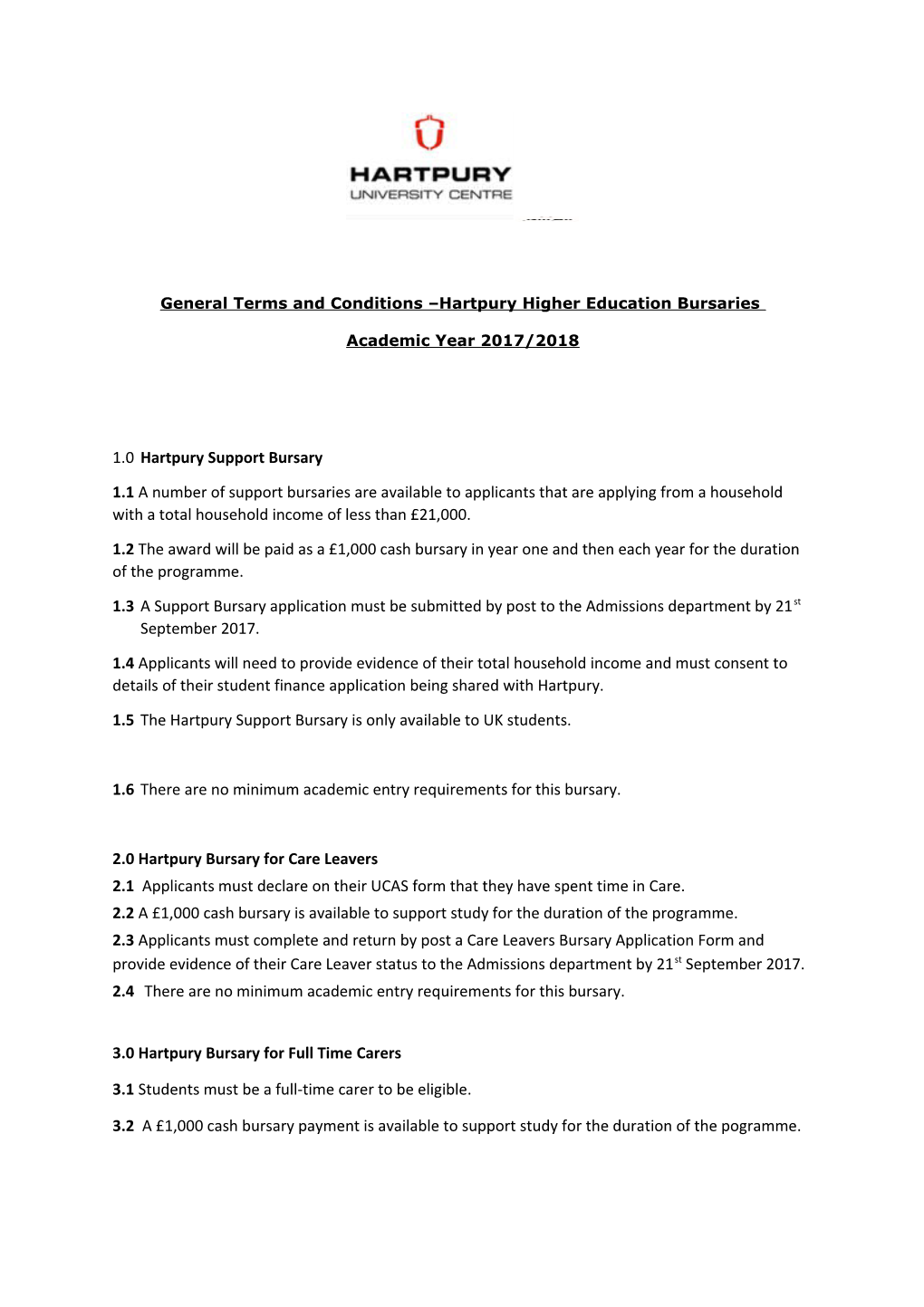 General Terms and Conditions Hartpury Higher Educationbursaries