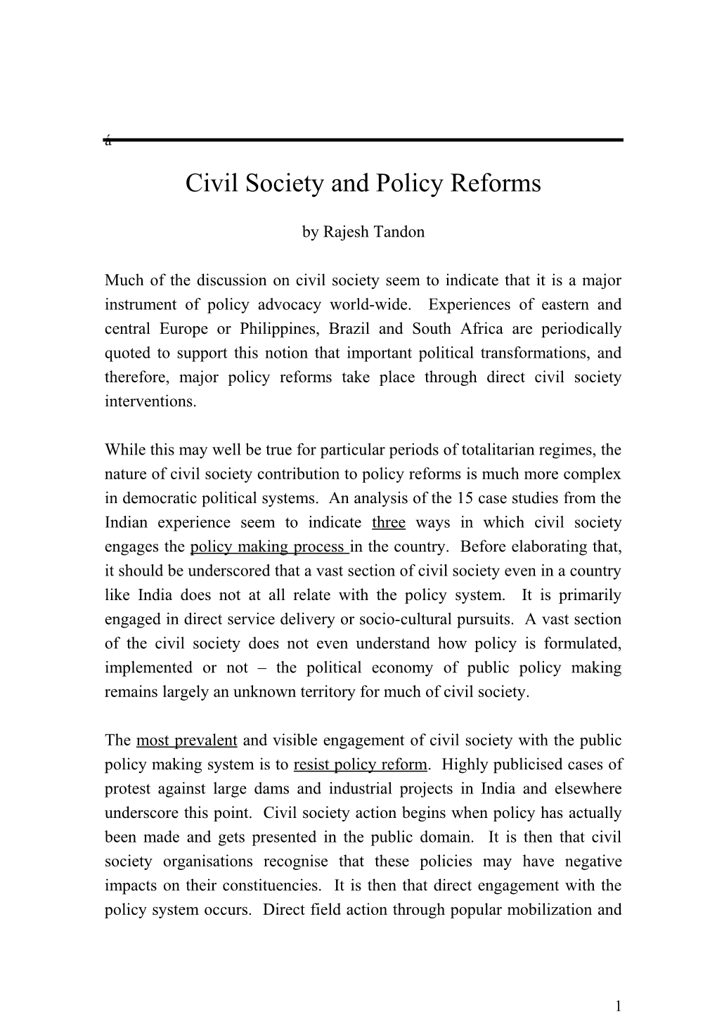 Civil Society and Policy Reforms