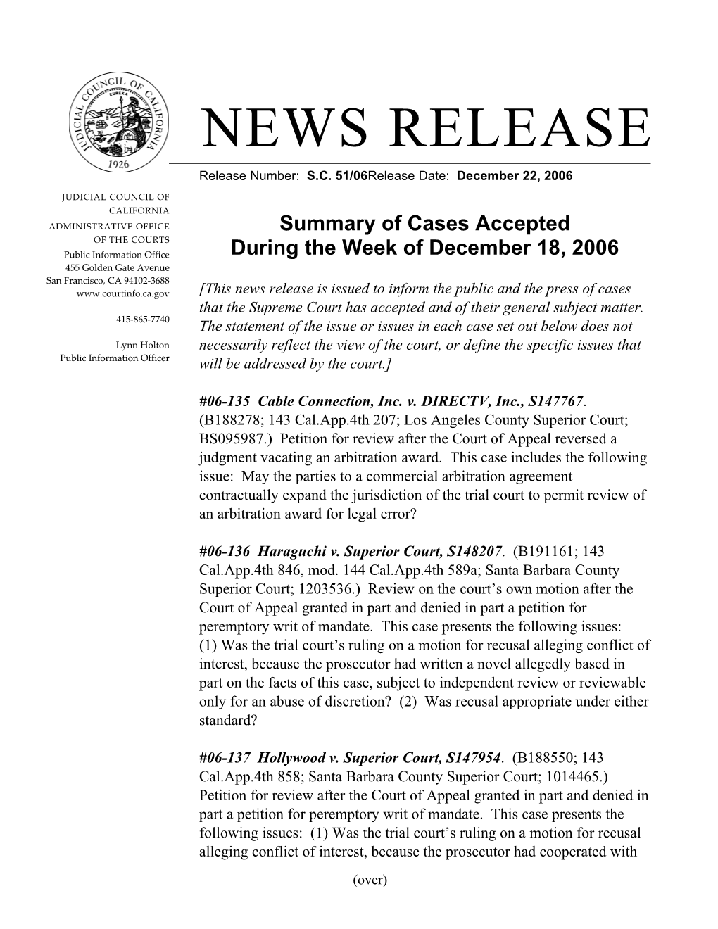 Release Number: S.C. 51/06Release Date: December 22, 2006