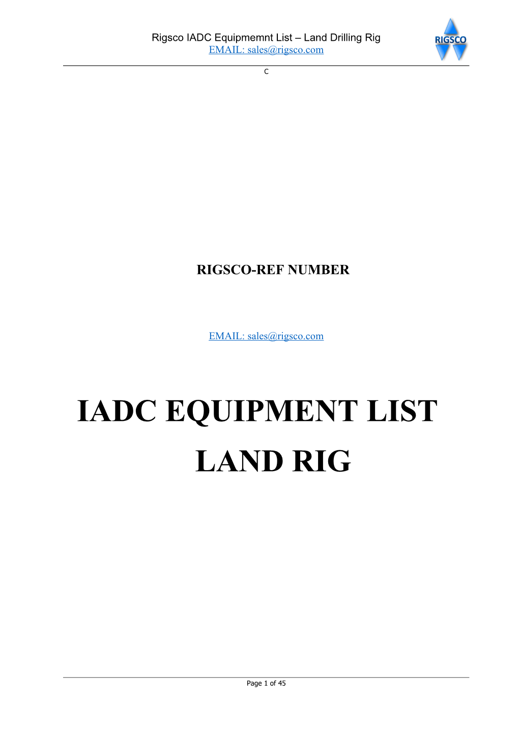 Rigsco IADC Equipment List Land Rig