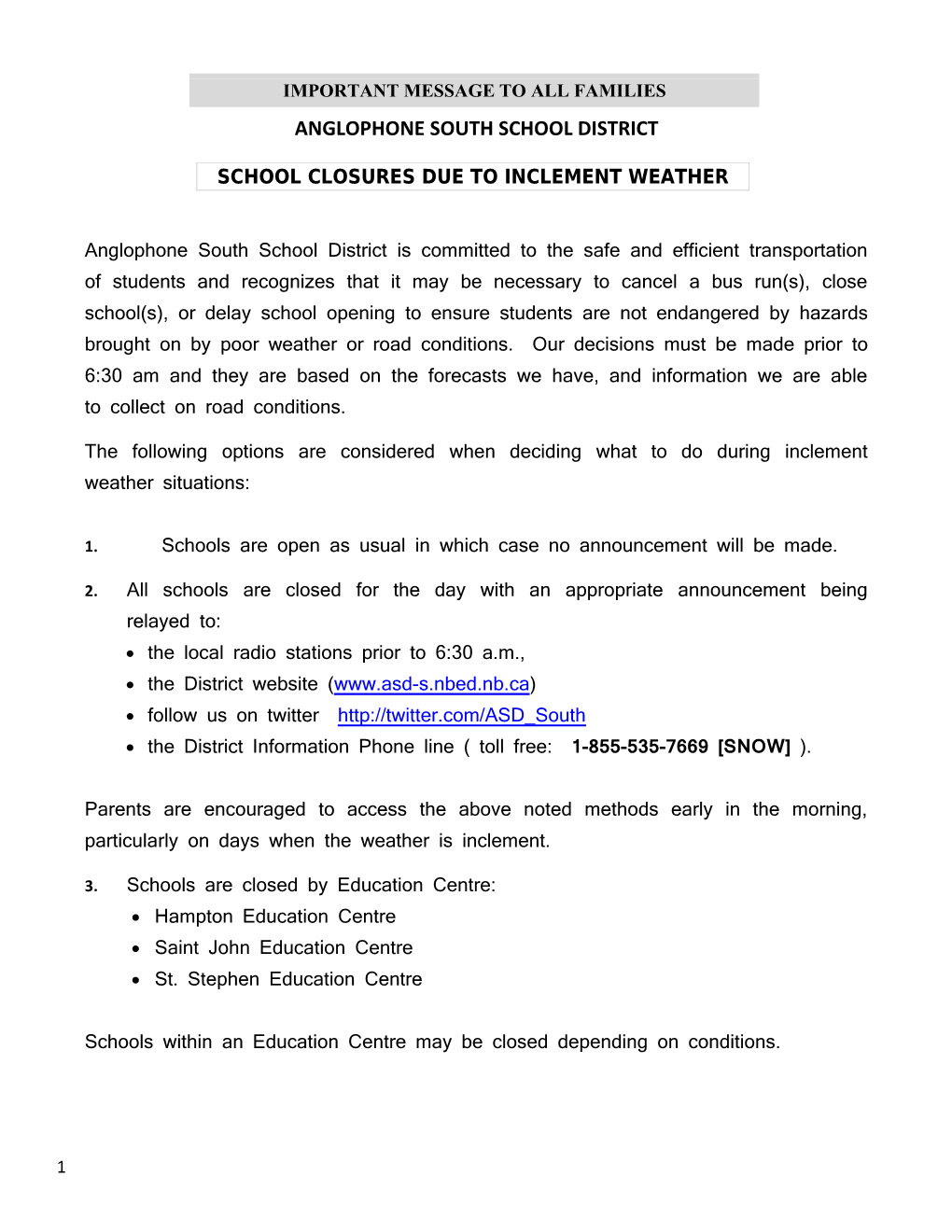 ASD-S Inclement Weather Policy