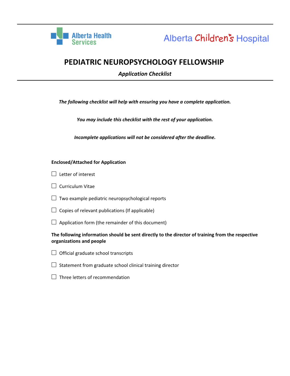 Pediatric Neuropsychology Fellowship Application