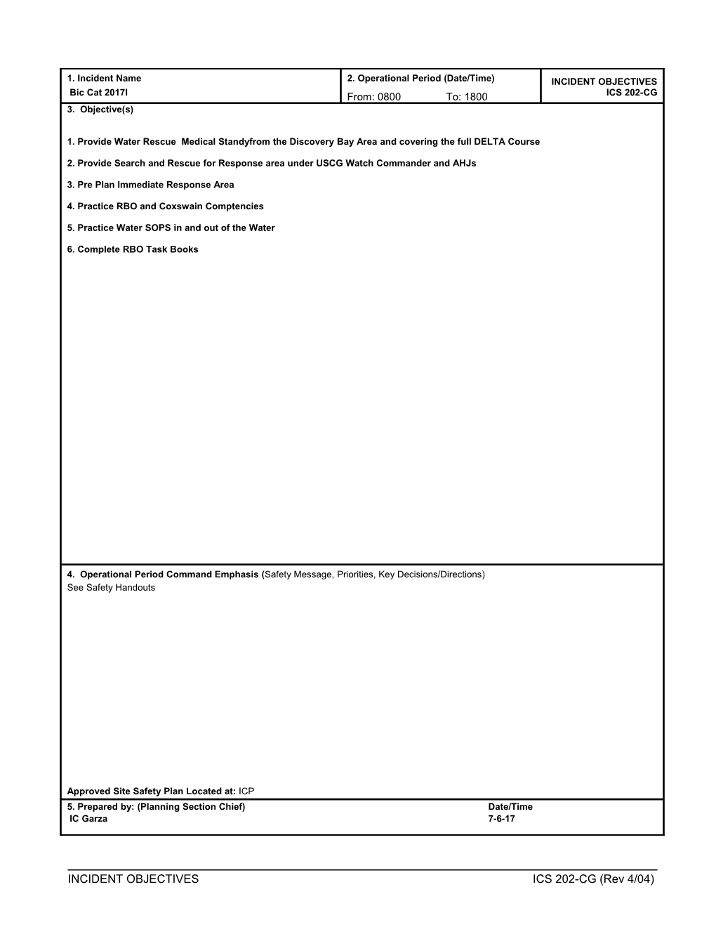 Incident Objectives (Ics 202-Cg)