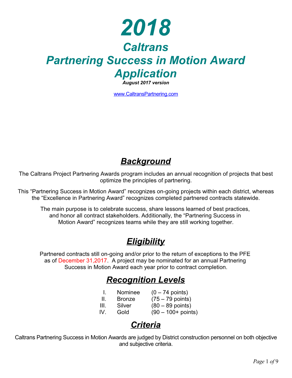 Caltrans Excellence in Partnering Award Application 2004