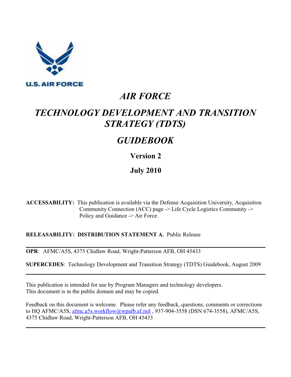 USAF Technology Development and Transition Strategy TDTS Guidebook, 2010