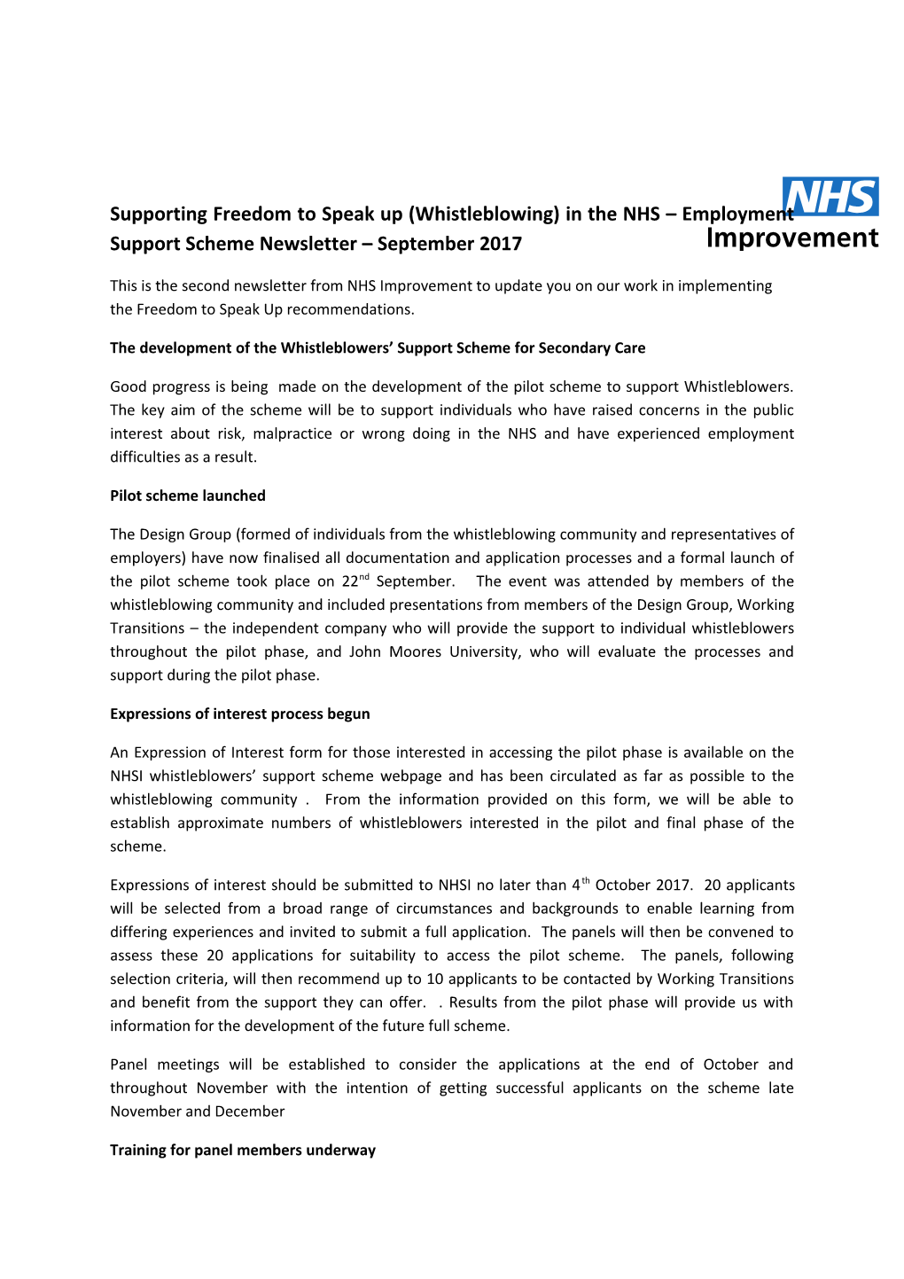 The Development of the Whistleblowers Support Scheme for Secondary Care