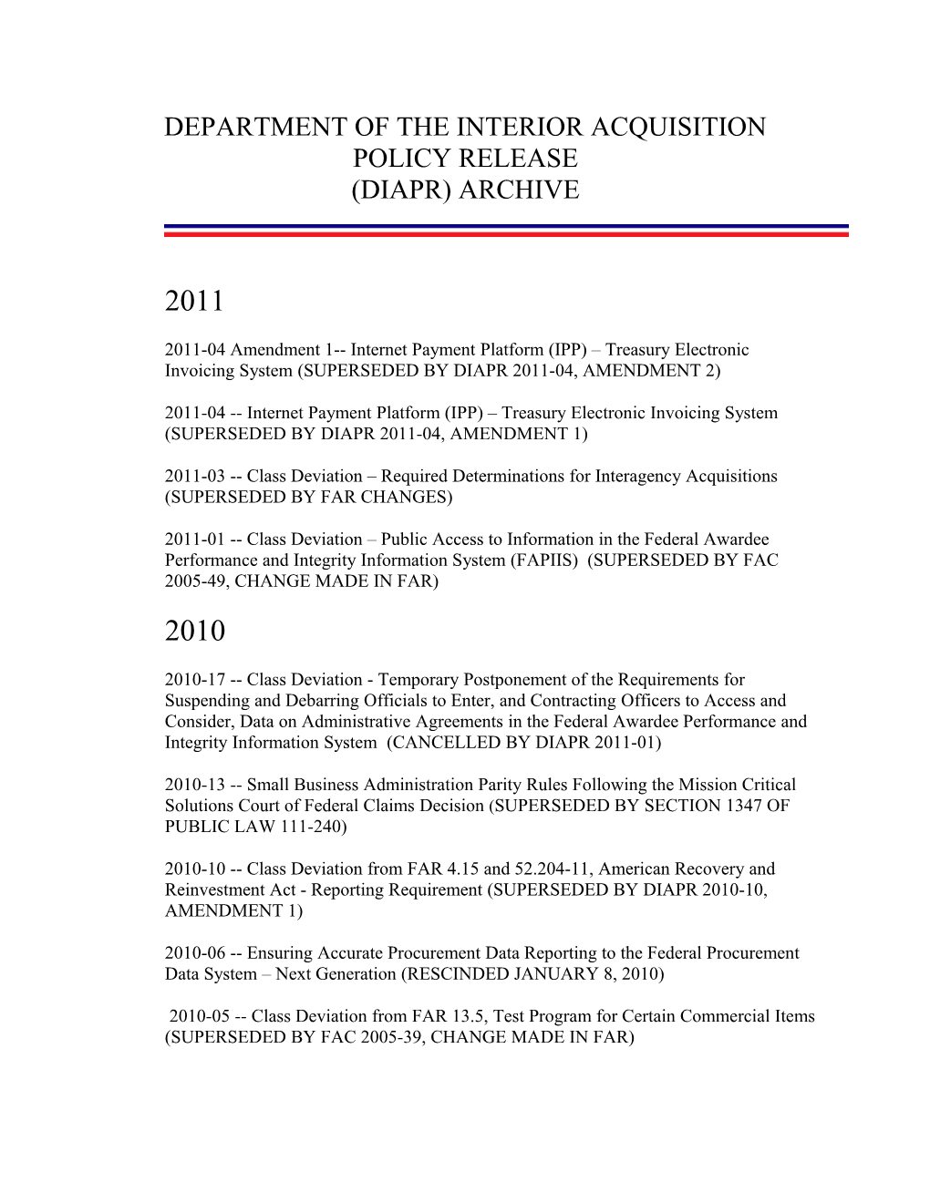 Department of the Interior Acquisition Policy Release (Diapr) Archive