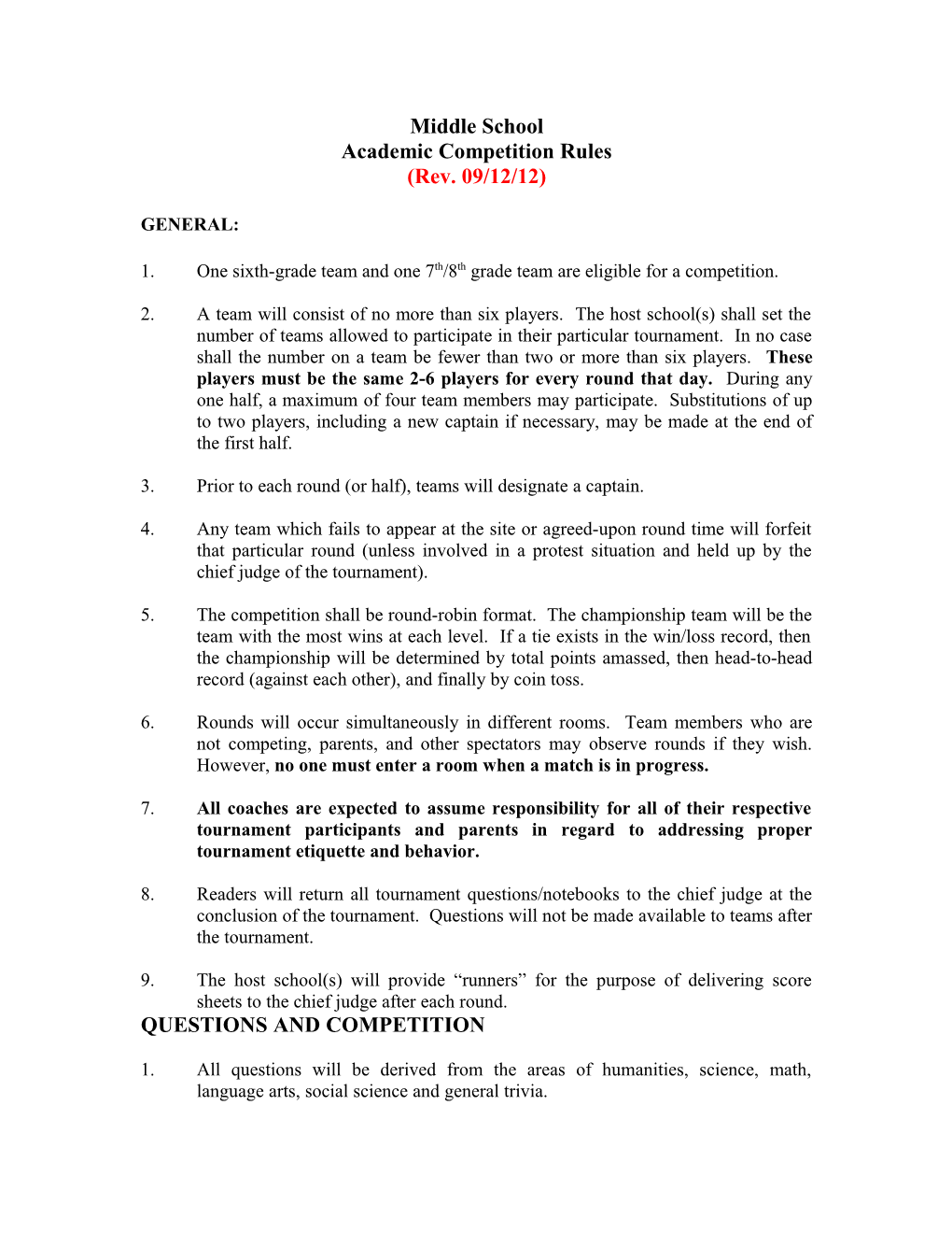 Academic Competition Rules