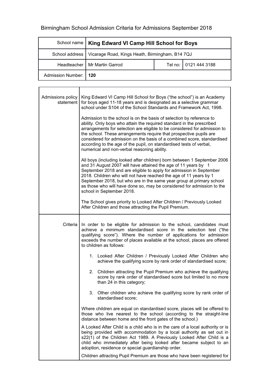 Birmingham School Admission Criteria September 2009