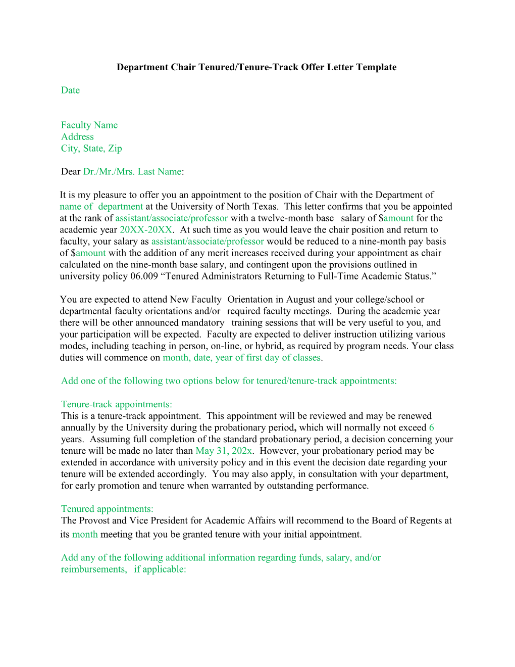 Department Chair Tenured/Tenure-Trackoffer Letter Template