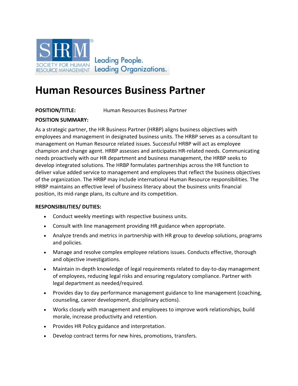 Human Resources Business Partner