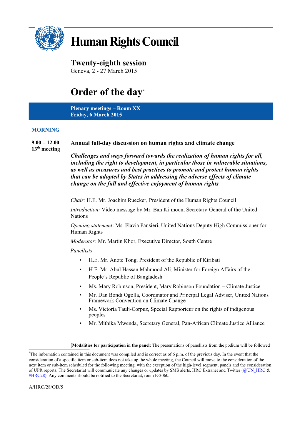 Friday, 6 March 2015, Order of the Day