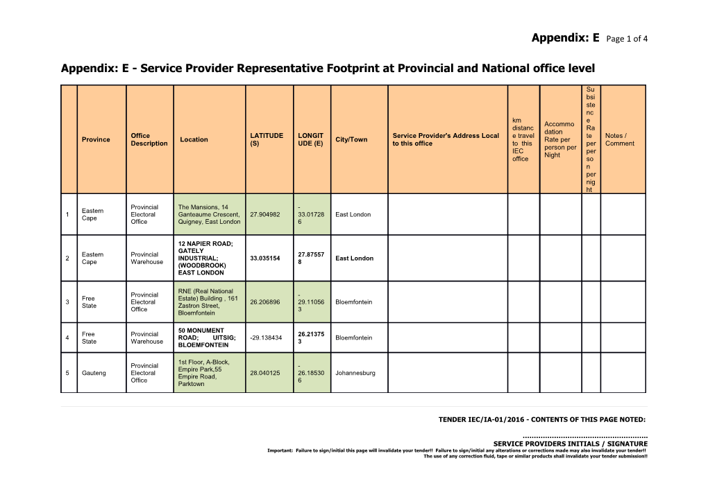 Appendix: E - Service Provider Representative Footprint at Provincial and National Office