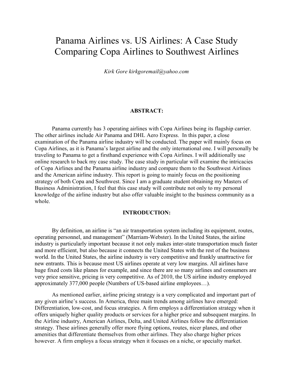 Panama Airlines Vs. US Airlines: a Case Study Comparing Copa Airlines to Southwest Airlines