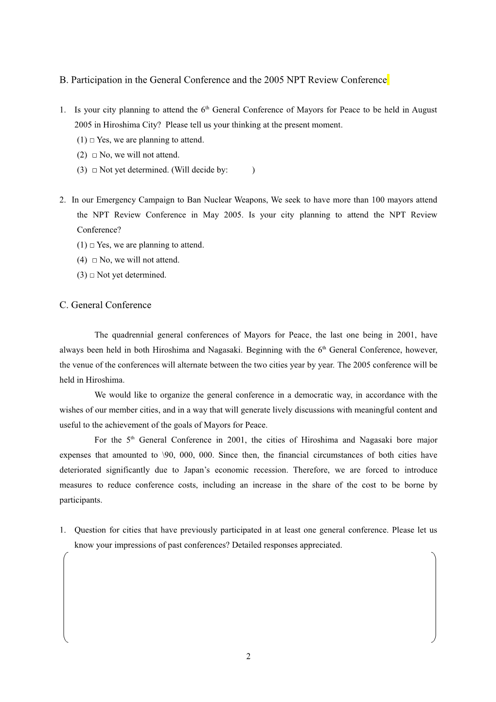 Questionnaire for the 6Th General Conference of Mayors for Peace