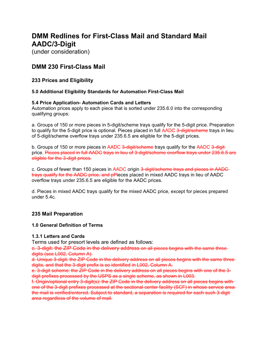 DMM Redlines for First-Class Mail and Standard Mail AADC/3-Digit