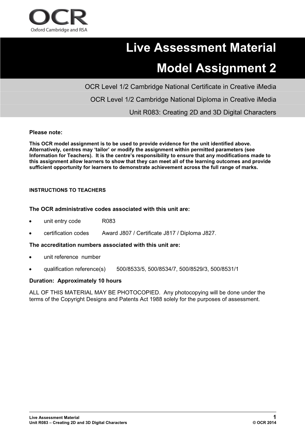 Unit R083 - Creating 2D and 3D Digital Characters - Model Assignment 2