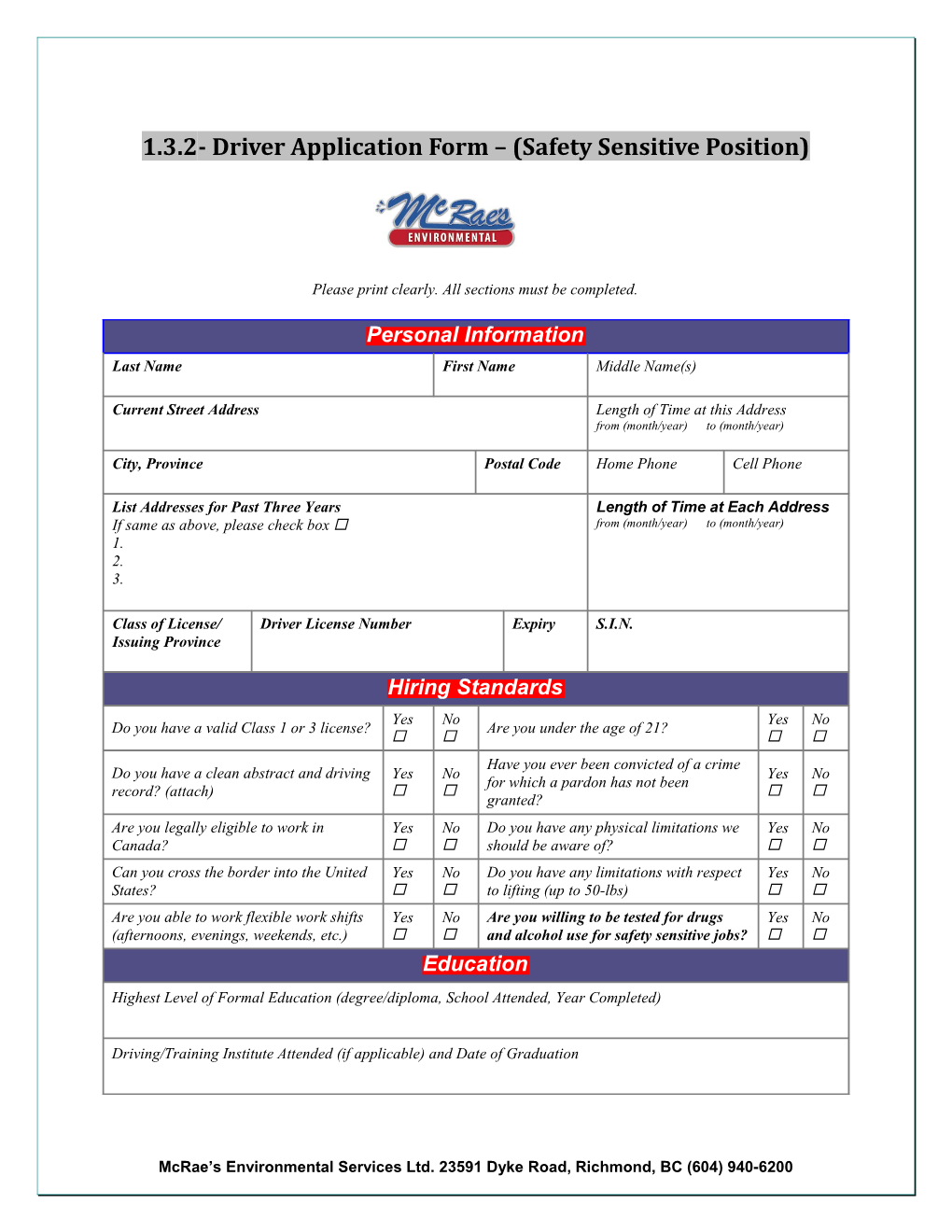 1.3.2- Driver Application Form (Safety Sensitive Position)