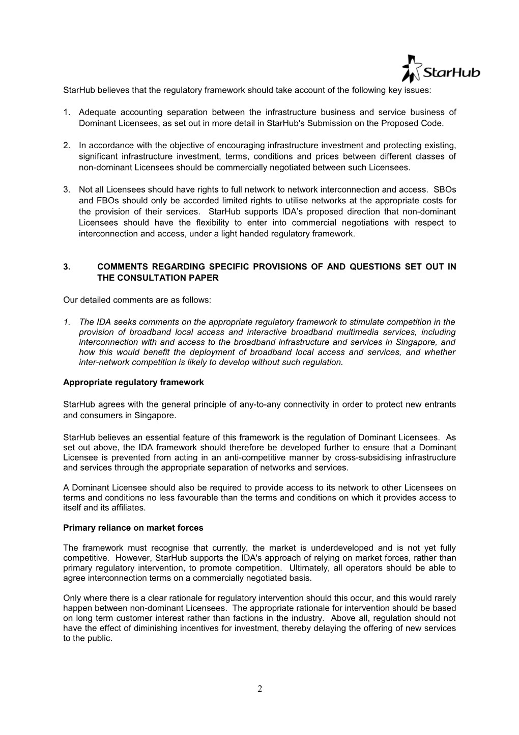 Starhub - Submission on IDA Interconnection/Access Consultation Paper