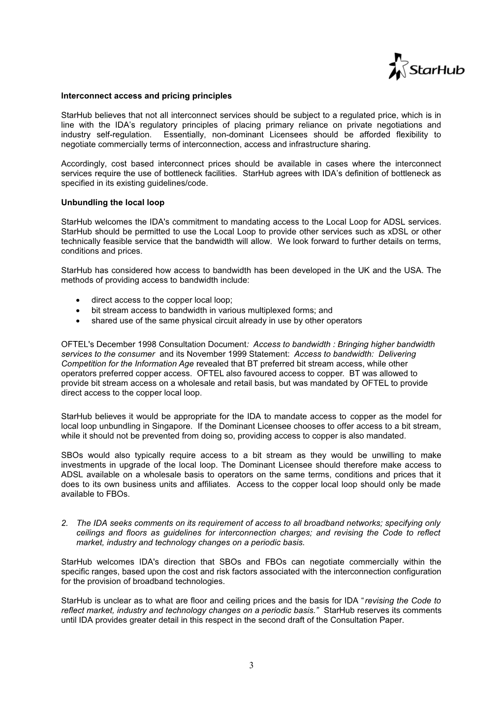 Starhub - Submission on IDA Interconnection/Access Consultation Paper