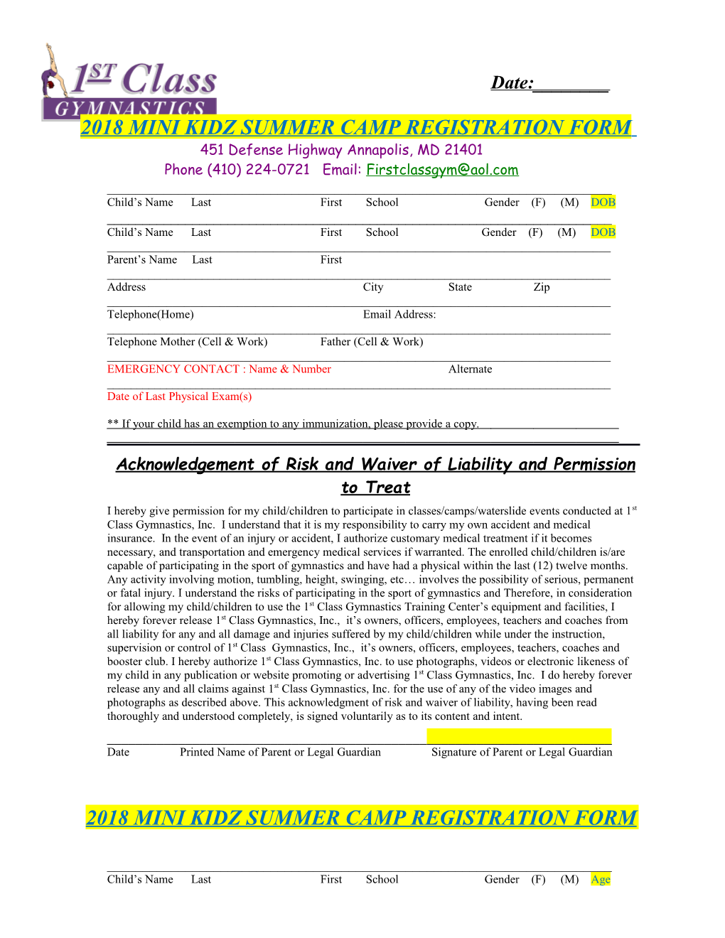 2018Mini Kidz Summer Camp Registration Form