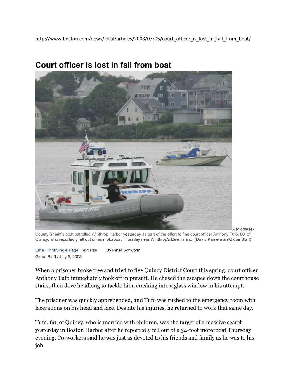 Court Officer Is Lost in Fall from Boat