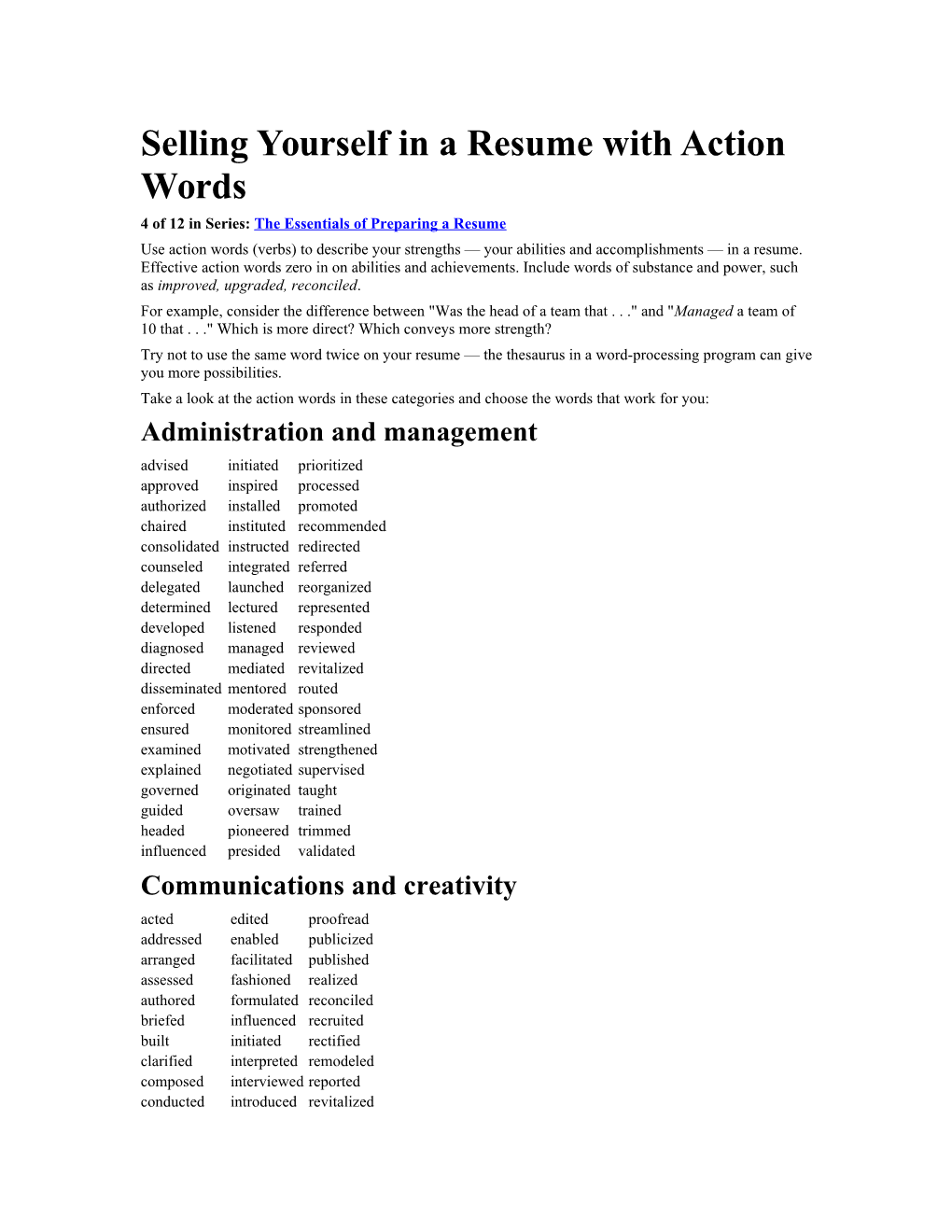 Selling Yourself in a Resume with Action Words