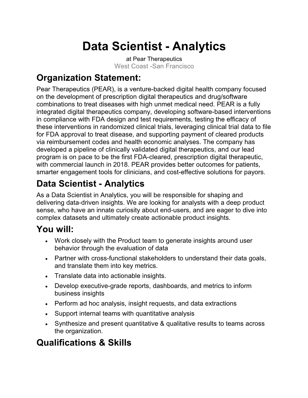 Data Scientist - Analytics
