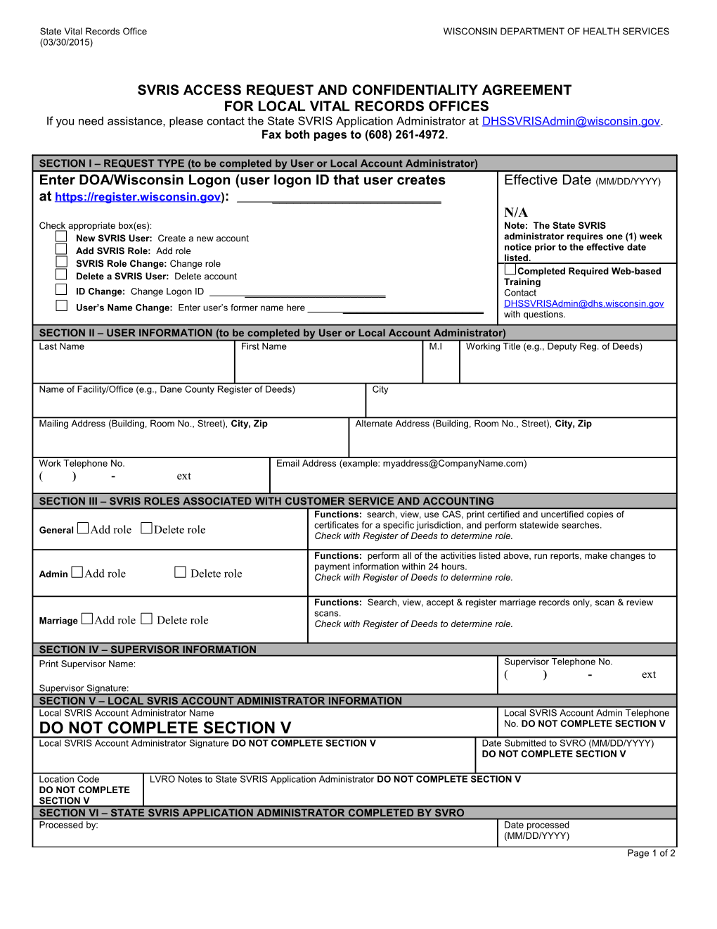 Wisconsin SVRO - SVRIS ACCESS REQUEST and CONFIDENTIALITY AGREEMENT for LOCAL VITAL RECORDS