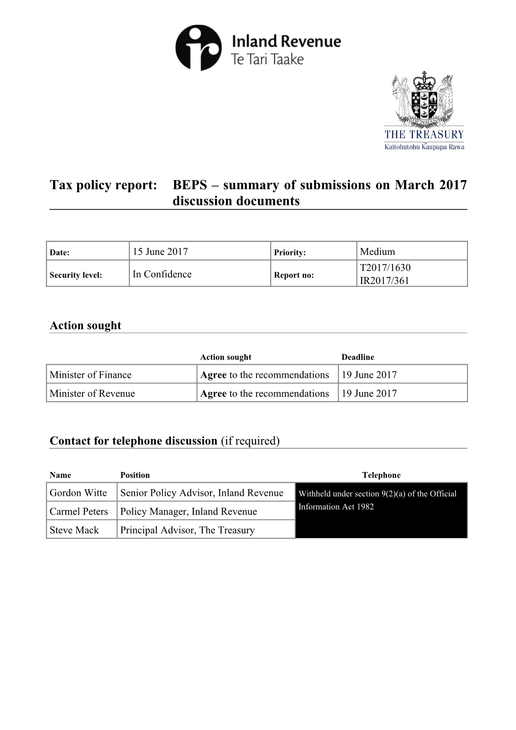 Tax Policy Report: BEPS Summary of Submissions on March 2017 Discussion Documents