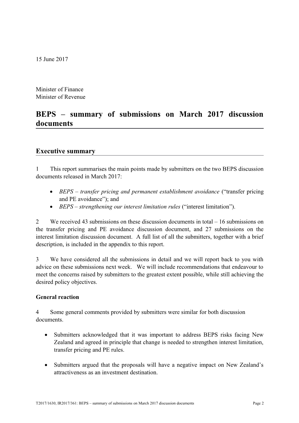 Tax Policy Report: BEPS Summary of Submissions on March 2017 Discussion Documents
