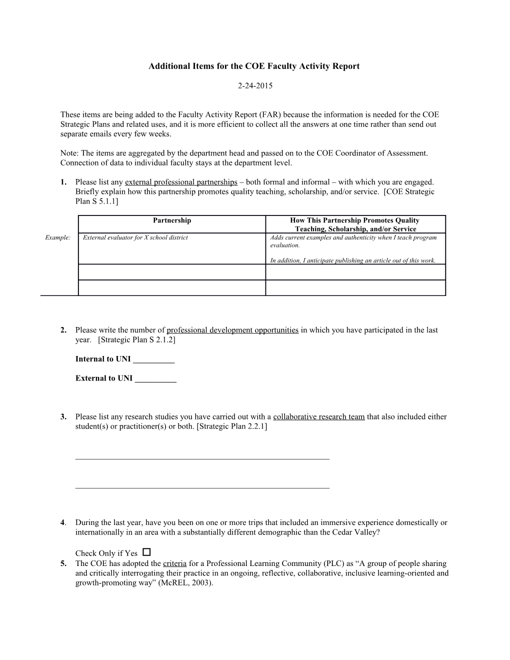 Additional Items for the COE Faculty Activity Report