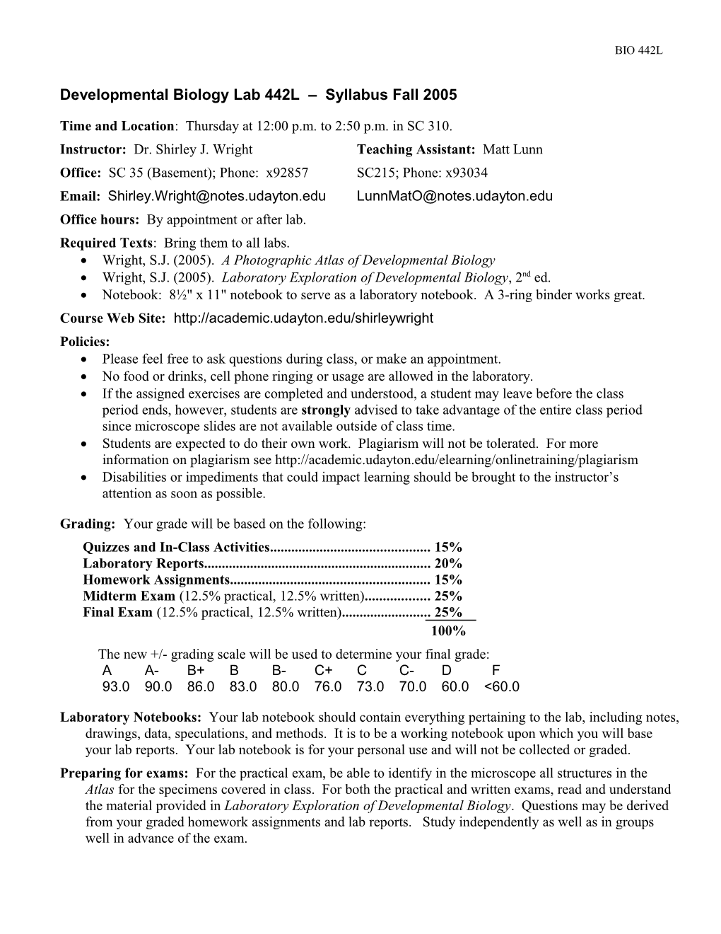 Developmental Biology Lab 442L Syllabus Fall 2005