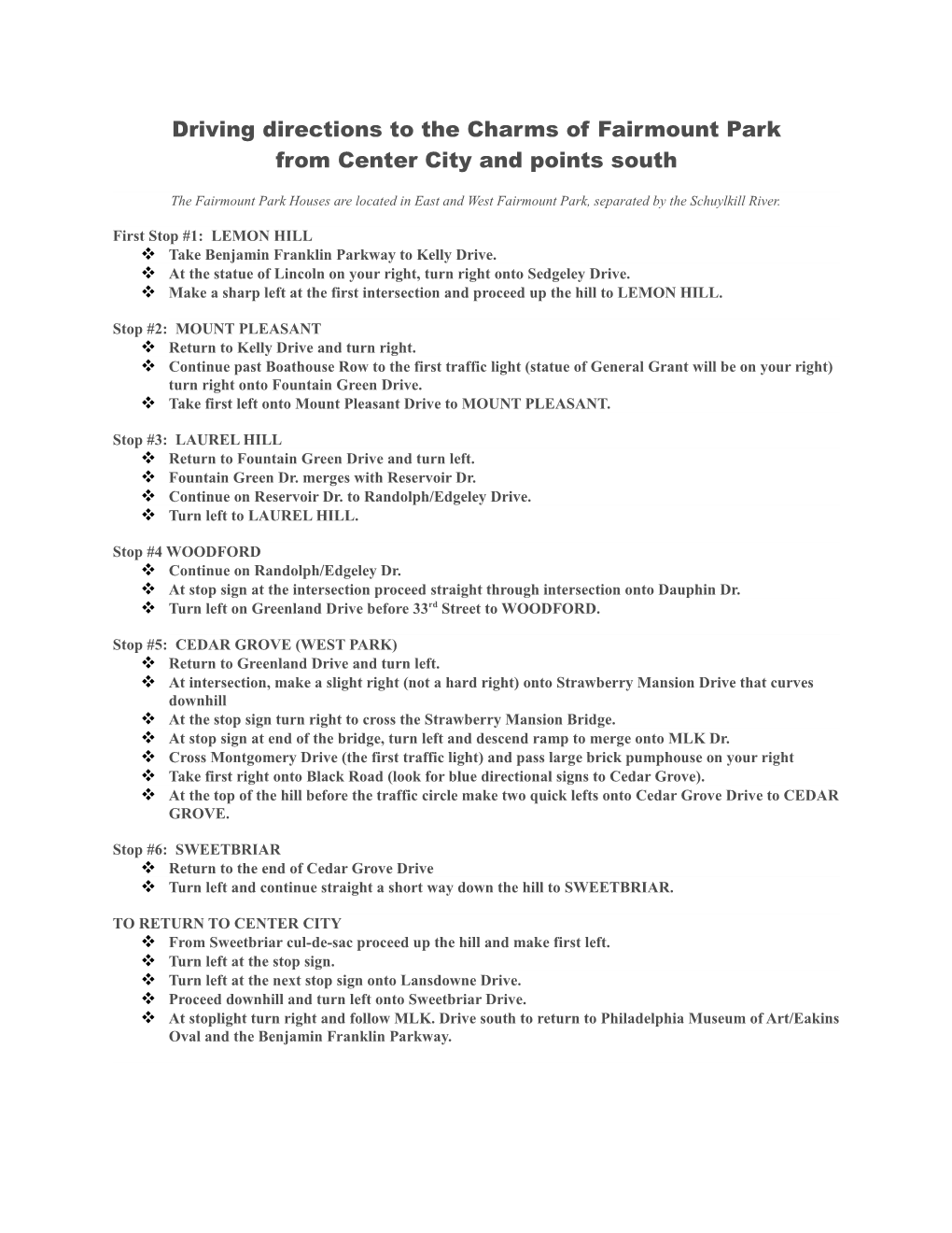 Driving Directions to the Charms of Fairmount Park