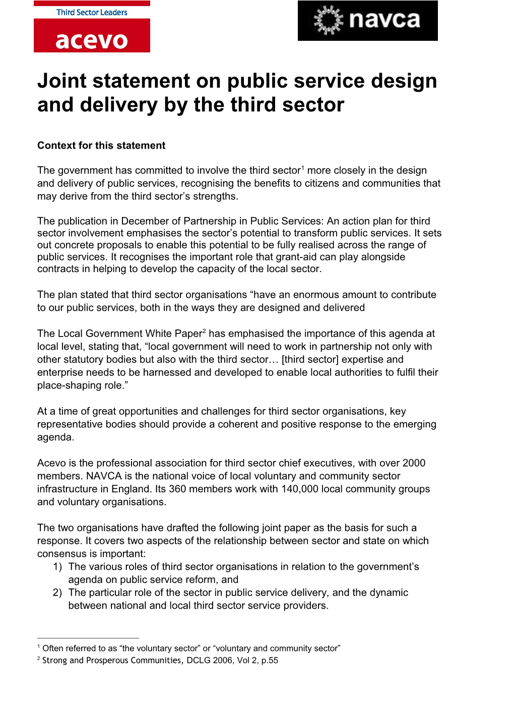 Joint Statement on Public Service Design and Delivery by the Third Sector