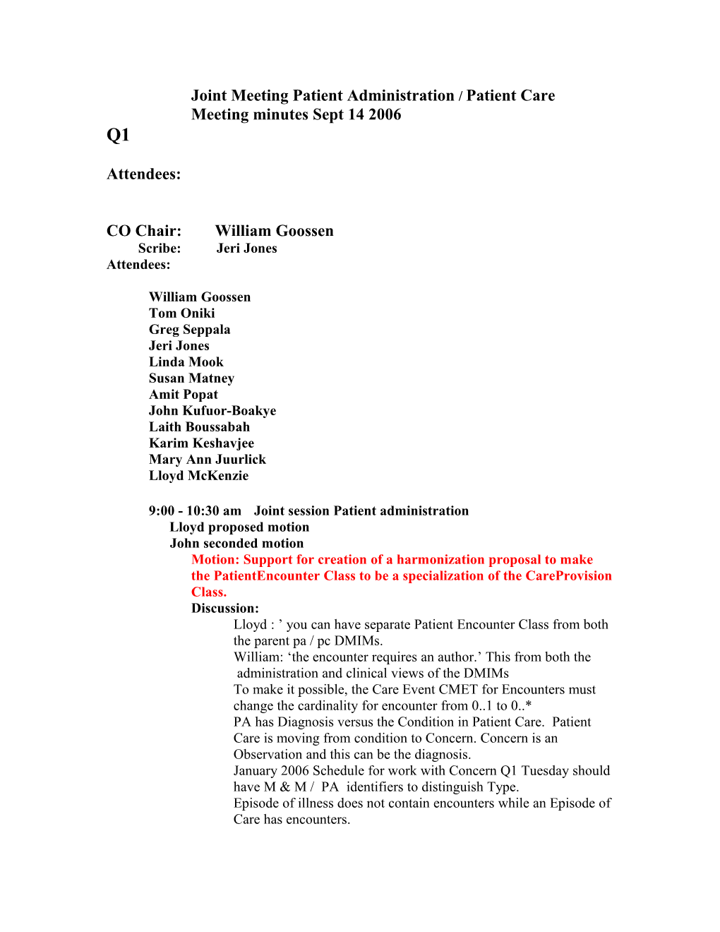 Joint Meeting Patient Administration / Patient Care Meeting Minutes Sept 14 2006