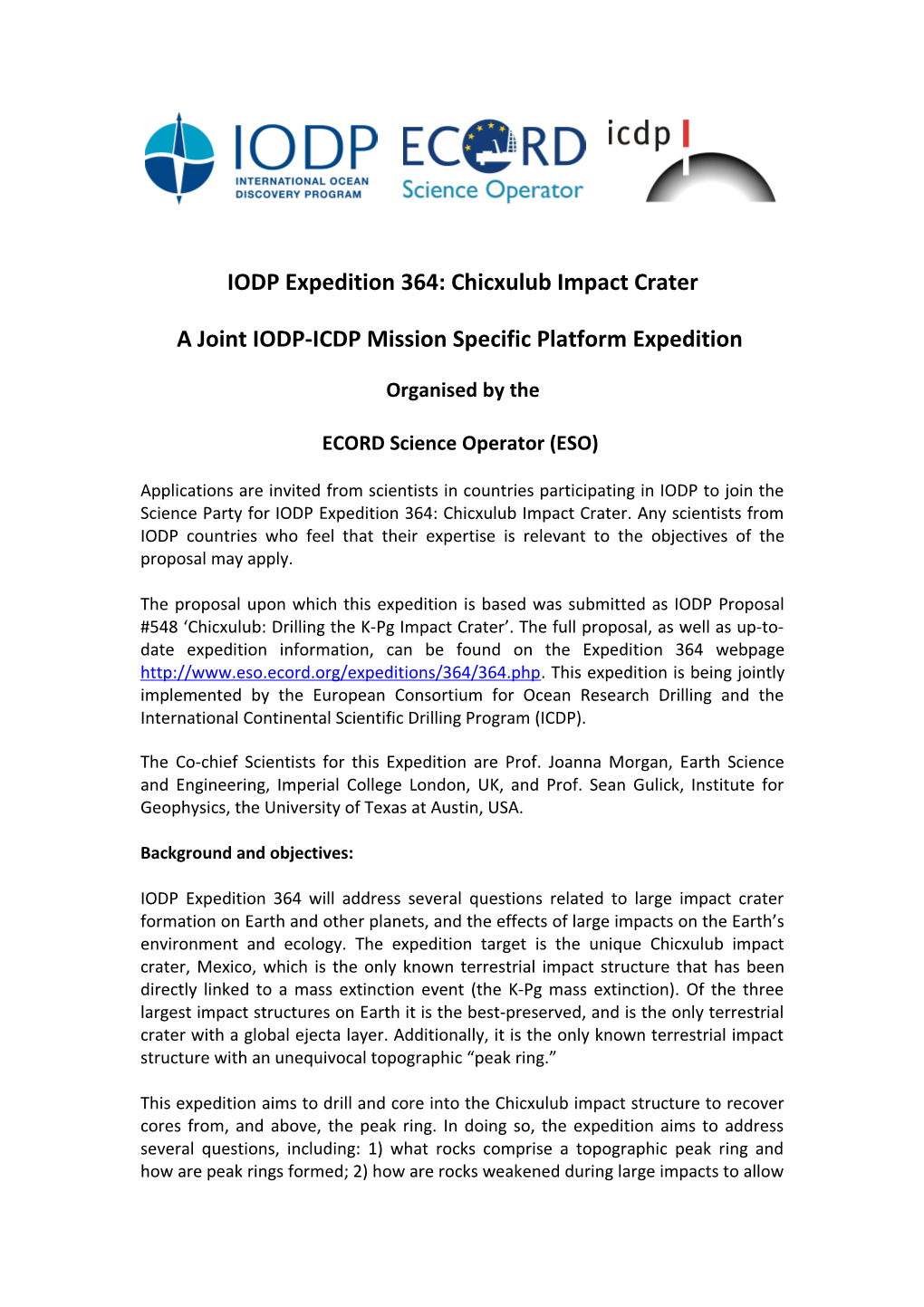 IODP Expedition 364: Chicxulub Impact Crater