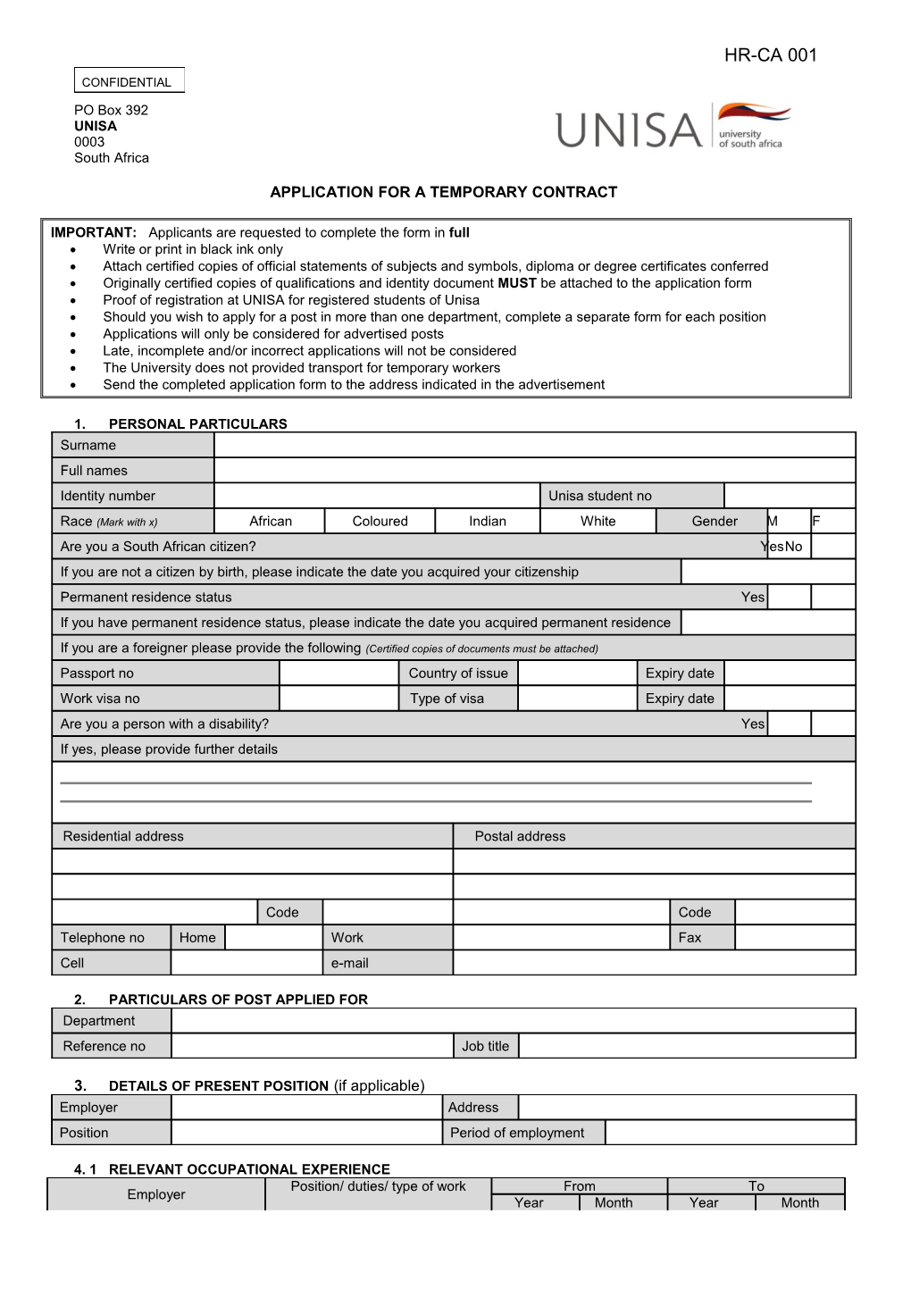 Application for a Temporary Contract