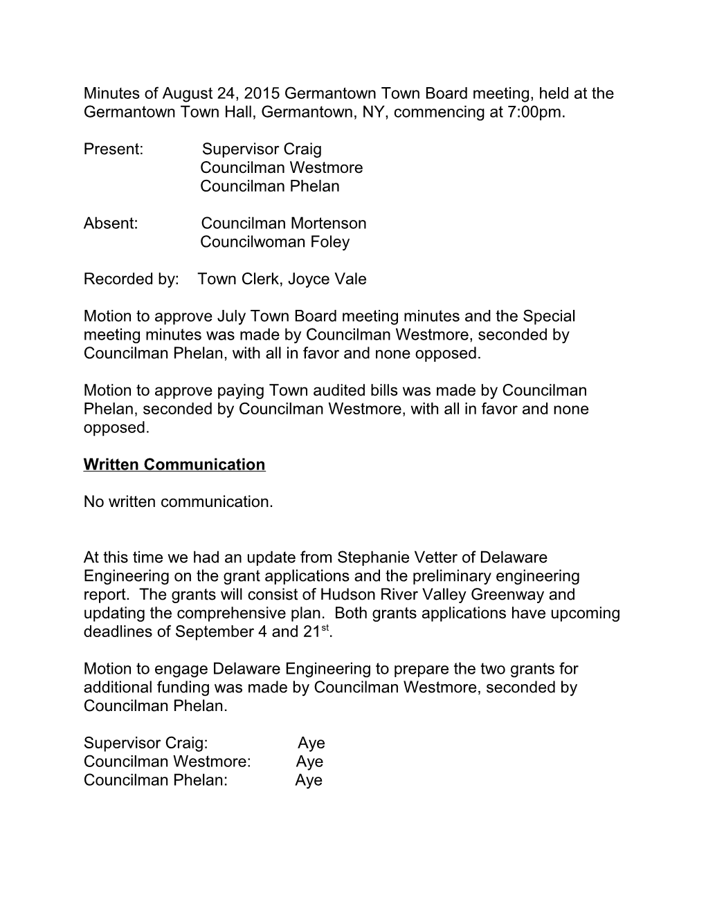 Minutes of August 24, 2015 Germantown Town Board Meeting, Held at the Germantown Town Hall