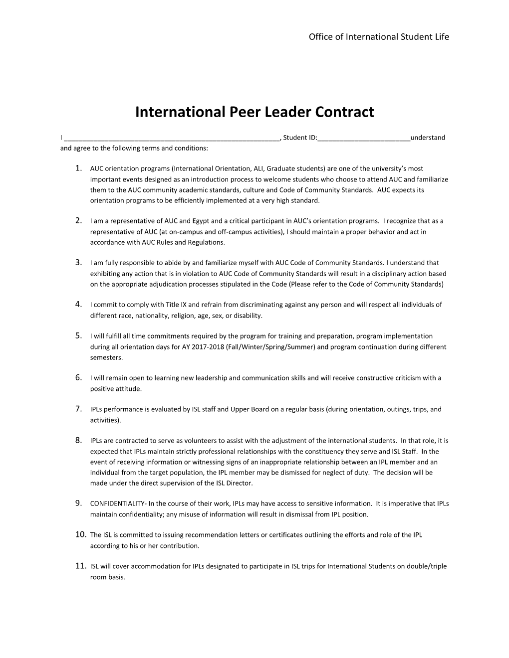 International Peer Leader Contract