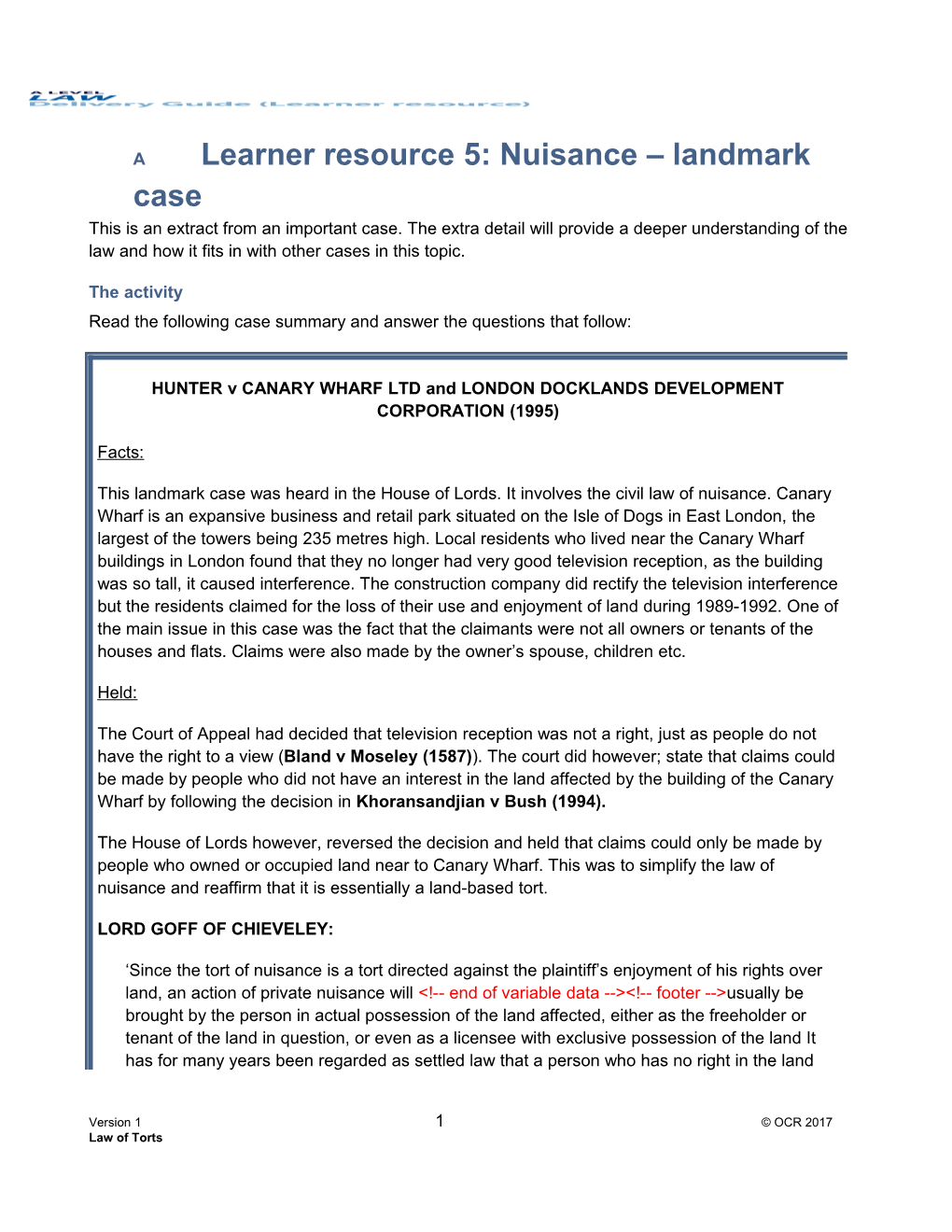 A Level Law Learner Resource 5 Nuisance - Landmark Case