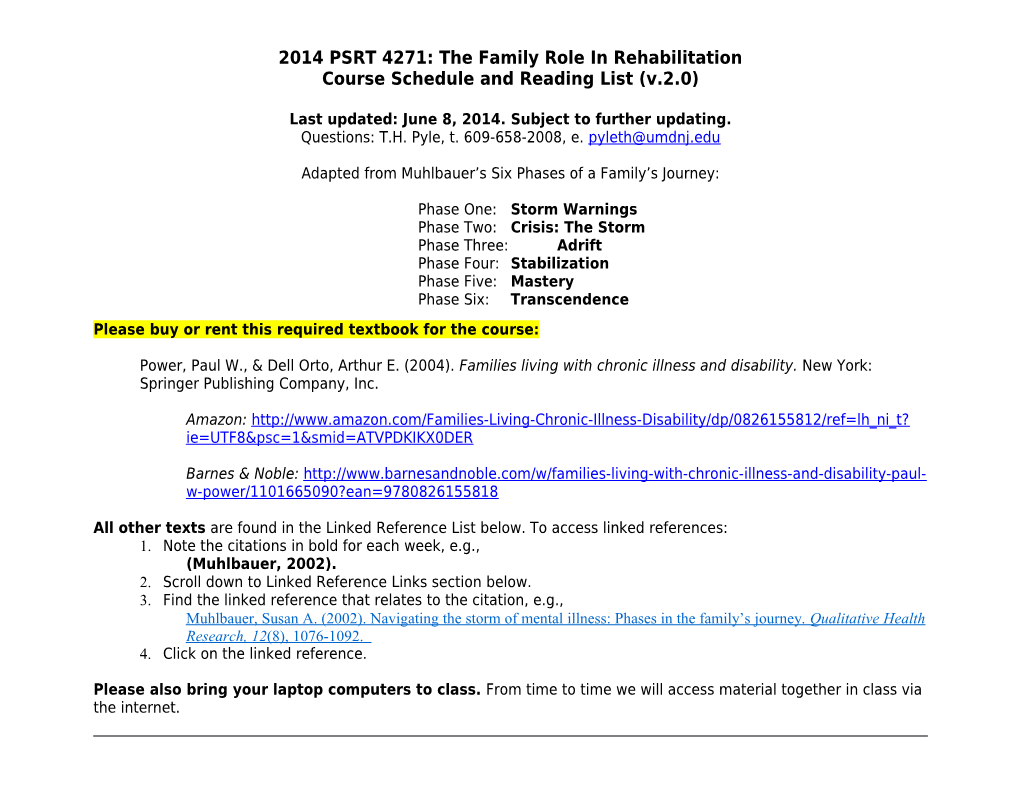 PSRT 4271: the Family Role in Rehabilitation Course Schedule and Reading List