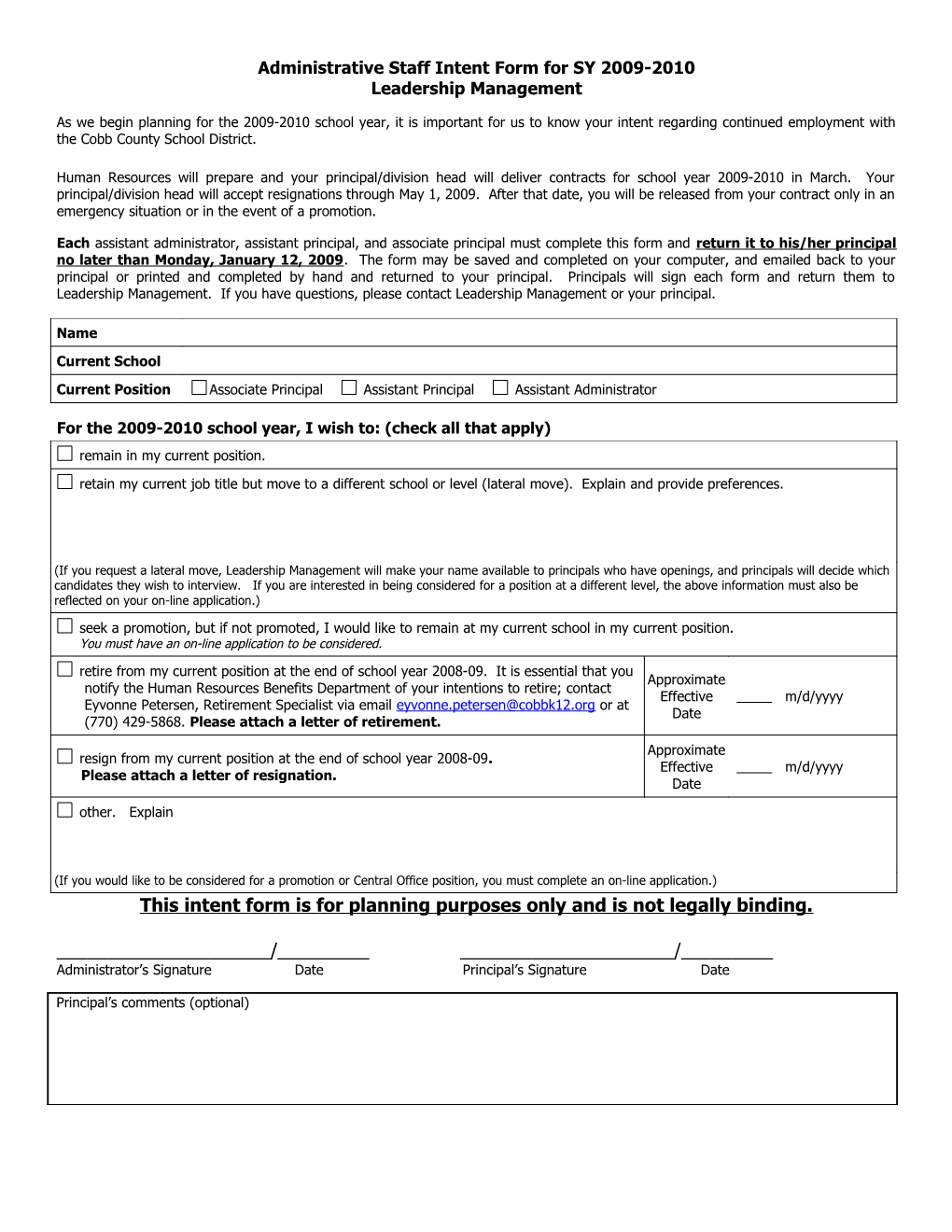 Assistant Administrator Intent Form