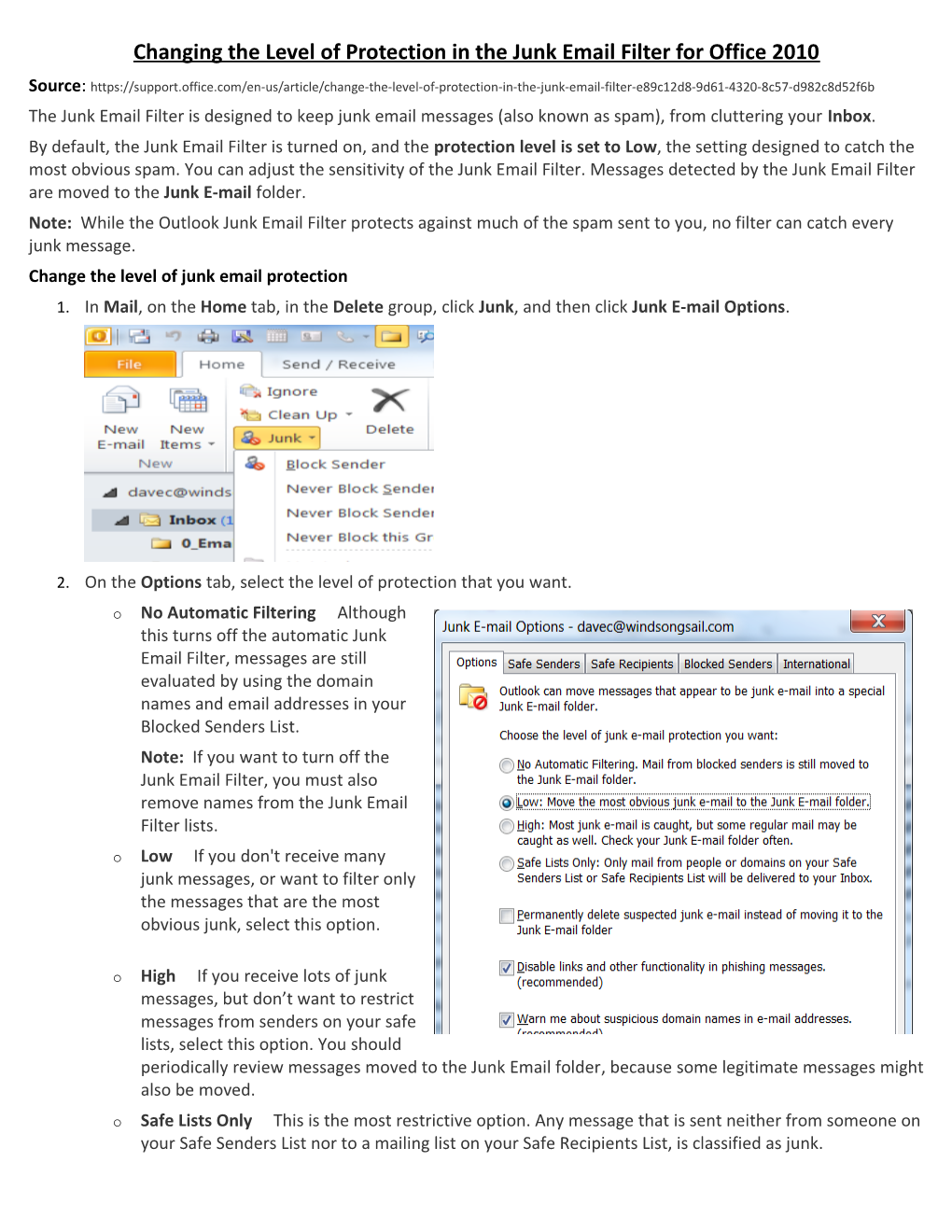 Changing the Level of Protection in the Junk Email Filter for Office 2010