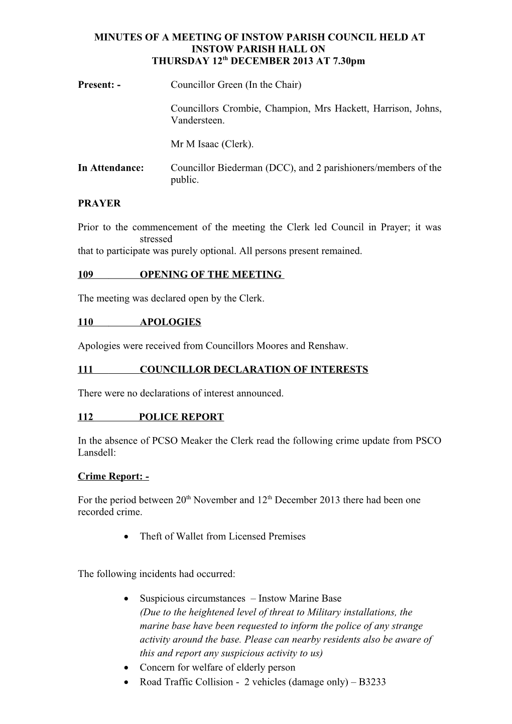 Minutes of a Meeting of Instow Parish Council Held at Instow Parish Hall On