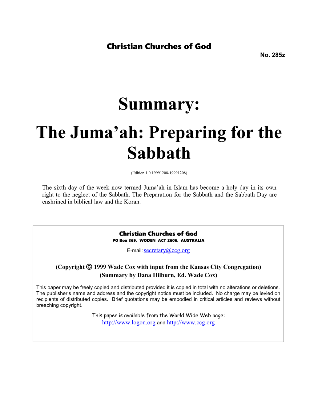 Summary: the Juma'ah: Preparing for the Sabbath (No. 285Z)