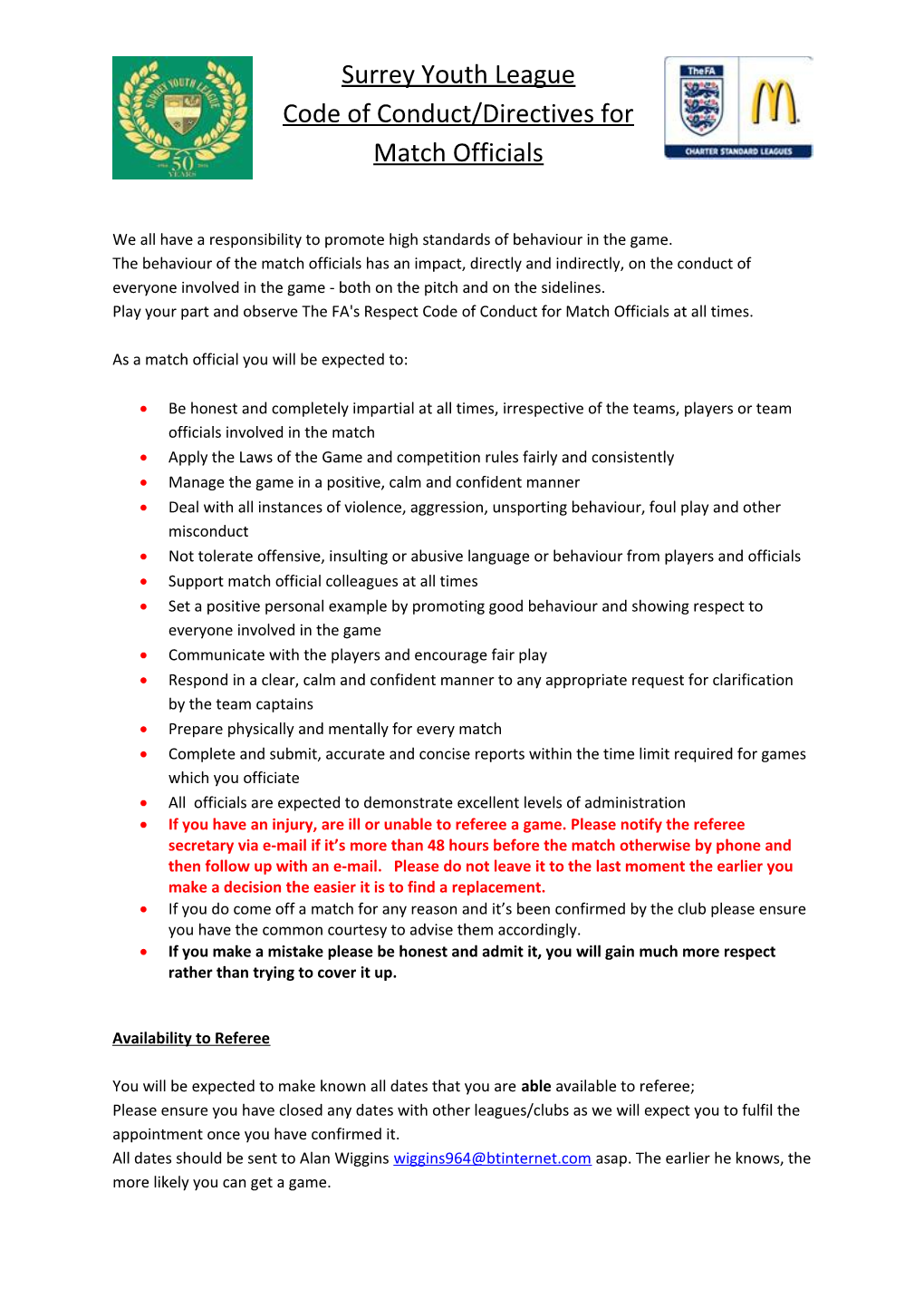 Ryman S U21 Football League - Code of Conduct: Match Officials