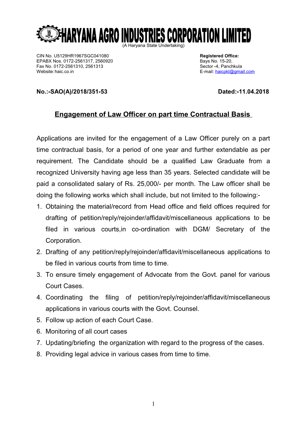 Engagement of Law Officer on Part Time Contractual Basis